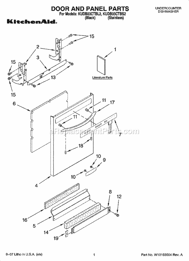 KitchenAid KUDB03CTBL2 Dishwasher Door and Panel Parts Diagram