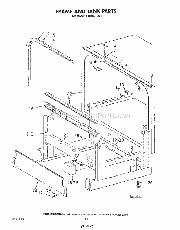 KitchenAid KUDB210S1 Dishwasher Frame and Tank Diagram