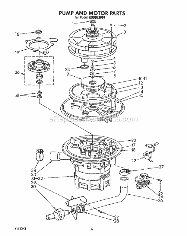 KitchenAid KUDB220T0 Dishwasher Pump and Motor Diagram