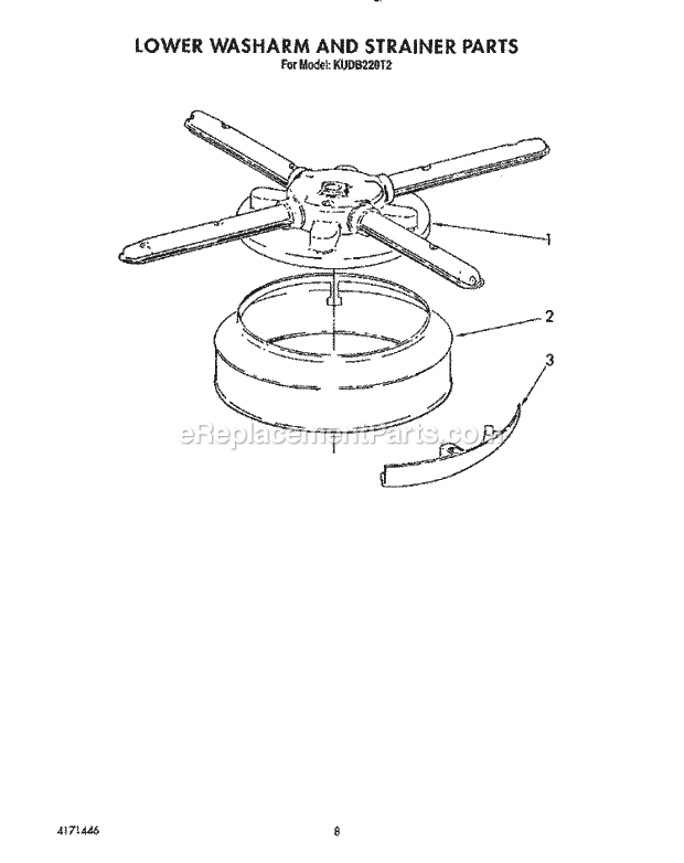 KitchenAid KUDB220T2 Dishwasher Lower Washarm and Strainer Diagram