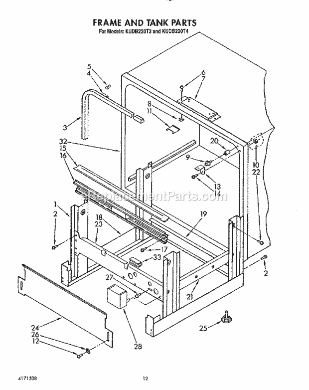 KitchenAid KUDB220T4 Dishwasher Frame and Tank Diagram