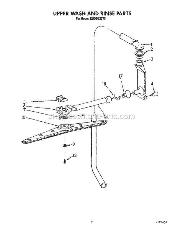 KitchenAid KUDB220T5 Dishwasher Upperwash and Rinse Diagram