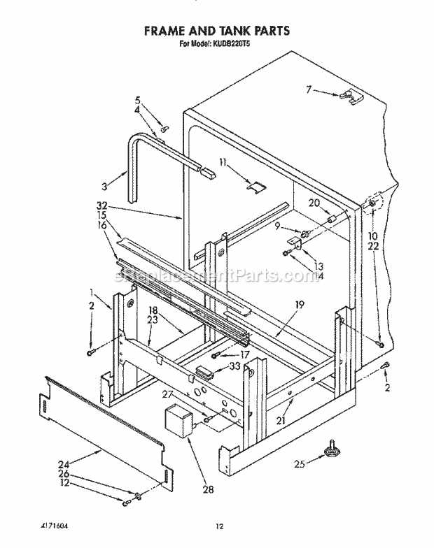 KitchenAid KUDB220T5 Dishwasher Frame and Tank Diagram