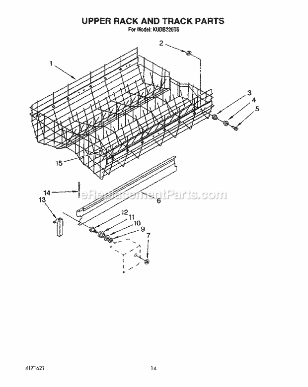 KitchenAid KUDB220T6 Dishwasher Upper Rack and Track Diagram