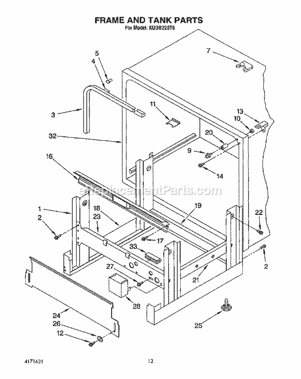 KitchenAid KUDB220T6 Dishwasher Frame and Tank Diagram