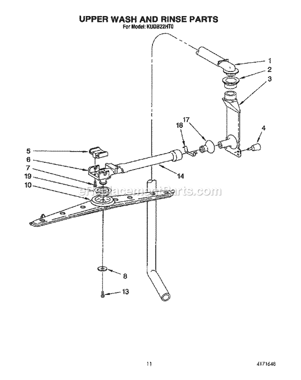 KitchenAid KUDB22HT0 Dishwasher Upper Wash and Rinse Diagram