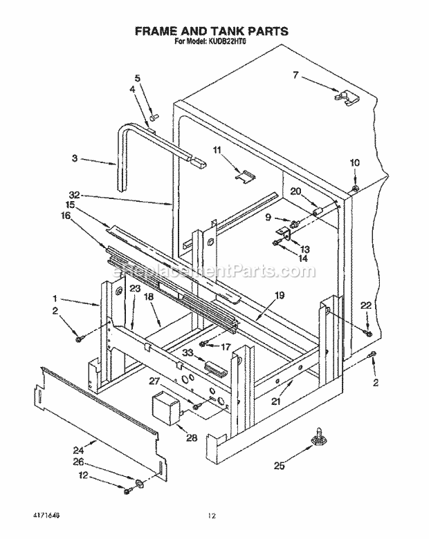 KitchenAid KUDB22HT0 Dishwasher Frame and Tank Diagram