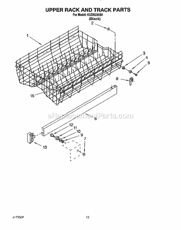KitchenAid KUDB230B0 Dishwasher Upper Rack and Track Diagram