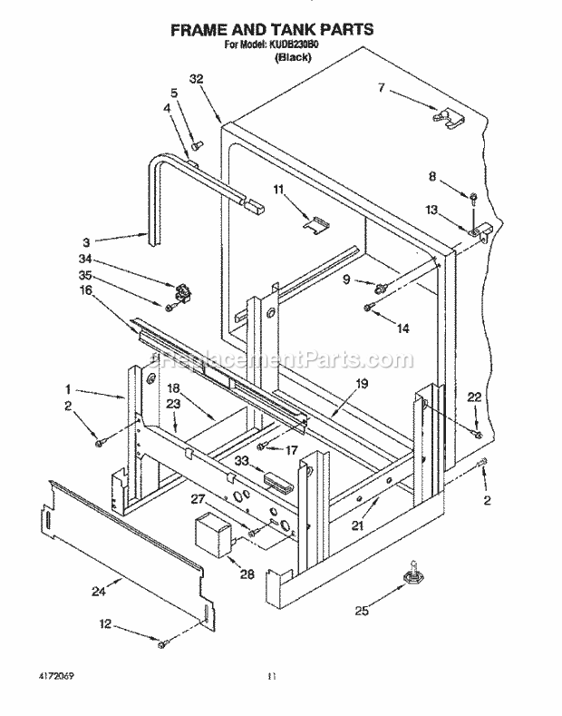 KitchenAid KUDB230B0 Dishwasher Frame and Tank Diagram