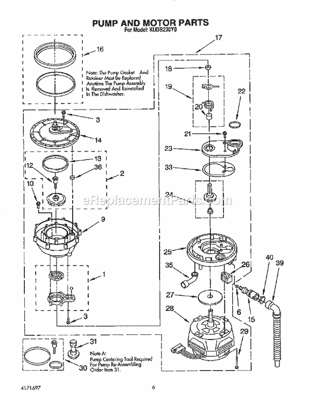 KitchenAid KUDB230Y0 Dishwasher Pump and Motor Diagram
