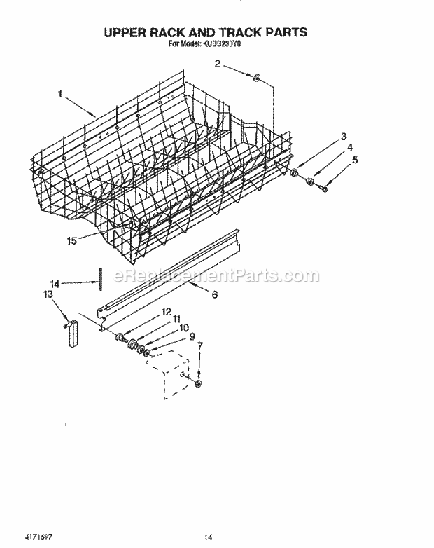 KitchenAid KUDB230Y0 Dishwasher Upper Rack and Track Diagram