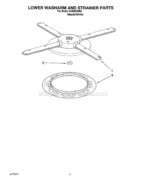 KitchenAid KUDB23HB0 Dishwasher Lower Washarm and Strainer Diagram