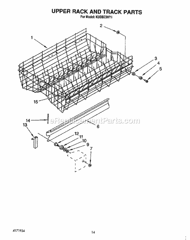 KitchenAid KUDB23HY1 Dishwasher Upper Rack and Track Diagram