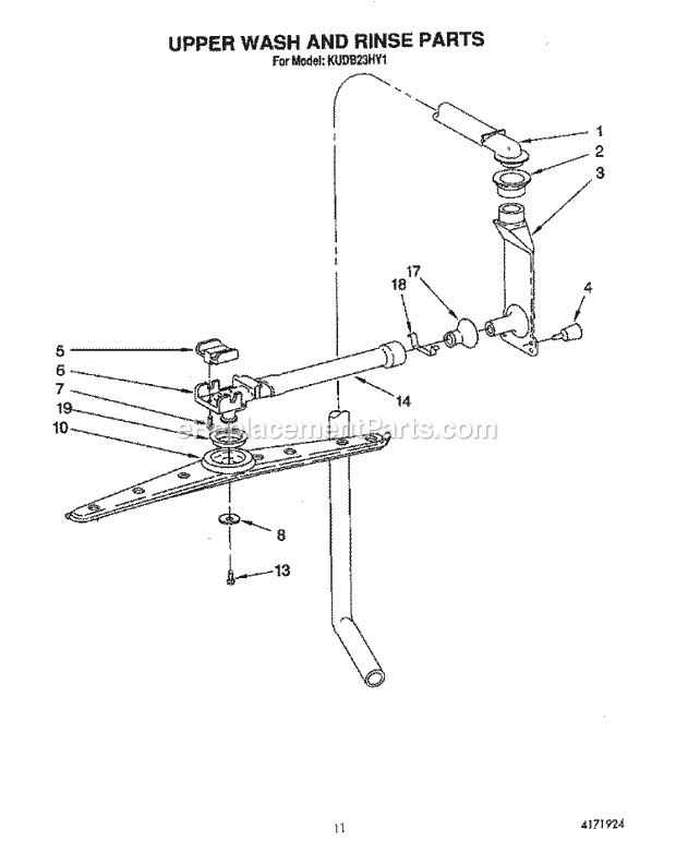 KitchenAid KUDB23HY1 Dishwasher Upper Wash and Rinse Diagram