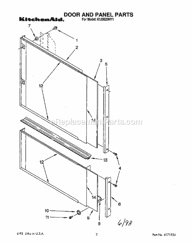 KitchenAid KUDB23HY1 Dishwasher Door and Panel Diagram