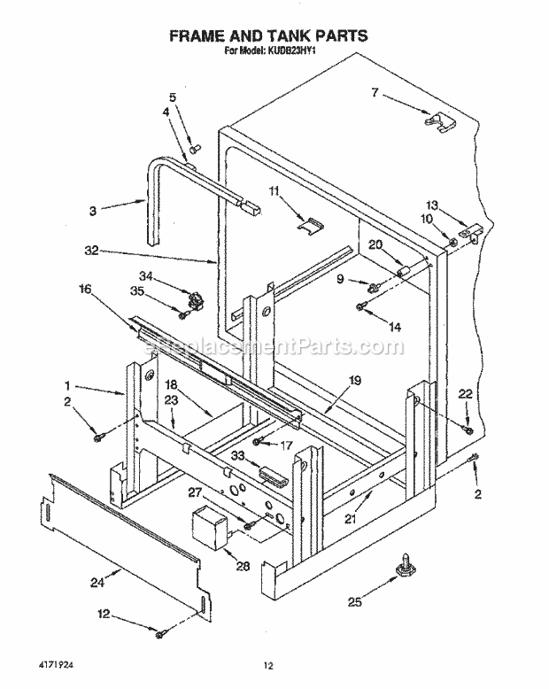 KitchenAid KUDB23HY1 Dishwasher Frame and Tank Diagram