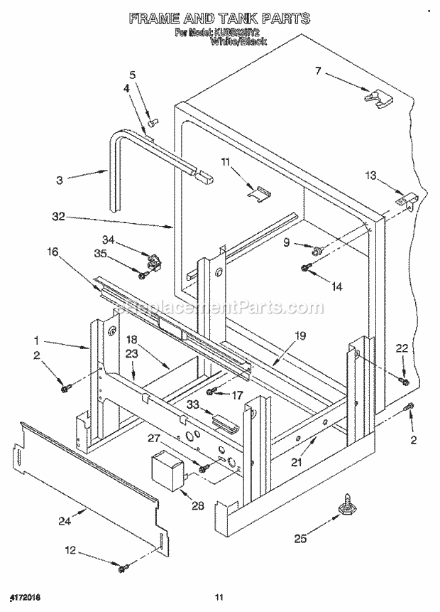 KitchenAid KUDB23HY2 Dishwasher Frame and Tank Diagram