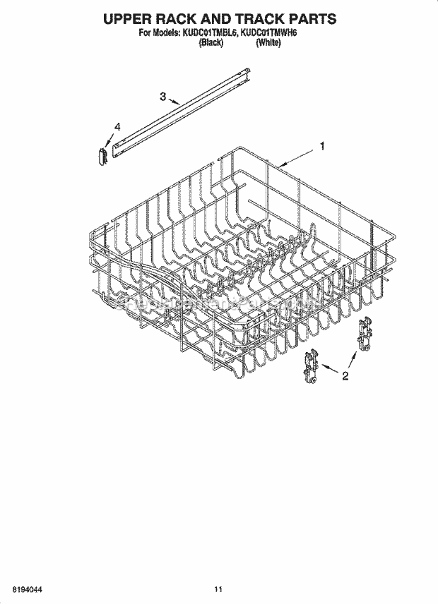 KitchenAid KUDC01TMBL6 Dishwasher Upper Rack and Track Parts Diagram