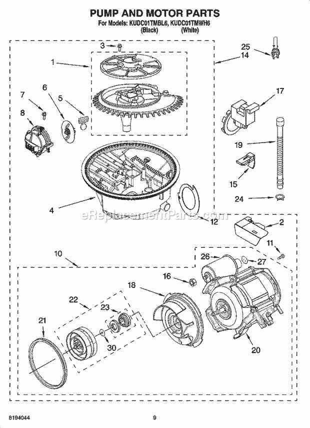 KitchenAid KUDC01TMBL6 Dishwasher Pump and Motor Parts Diagram