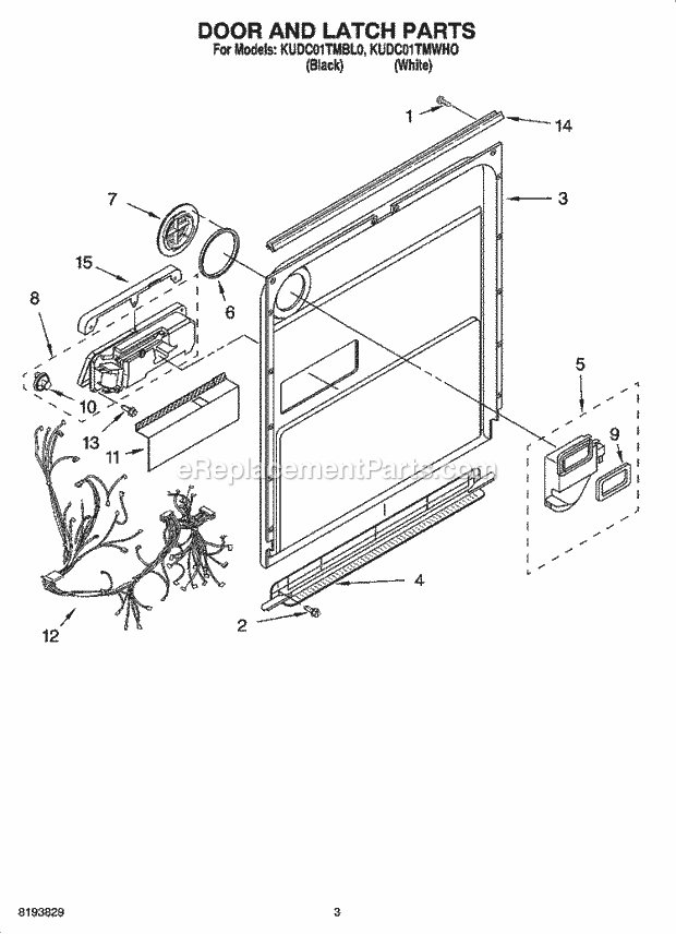 KitchenAid KUDC01TMWHO Dishwasher Door and Latch Parts Diagram