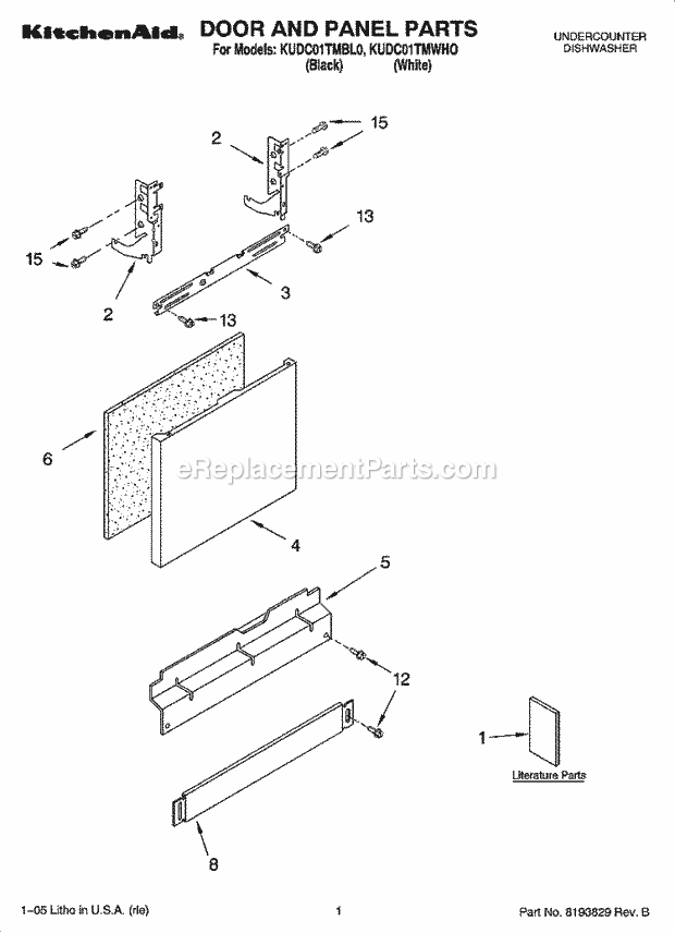 KitchenAid KUDC01TMWHO Dishwasher Door and Panel Parts Diagram