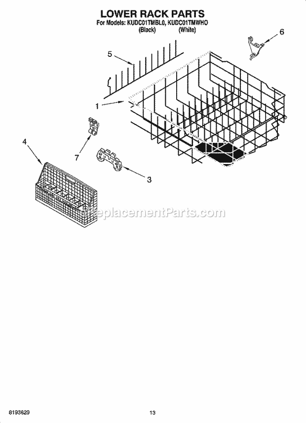 KitchenAid KUDC01TMWHO Dishwasher Lower Rack Parts Diagram