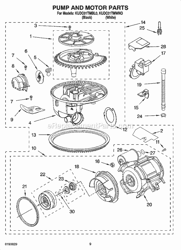 KitchenAid KUDC01TMWHO Dishwasher Pump and Motor Parts Diagram