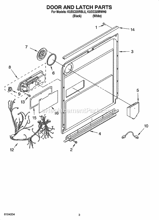 KitchenAid KUDC02IRBL0 Dishwasher Door and Latch Parts Diagram