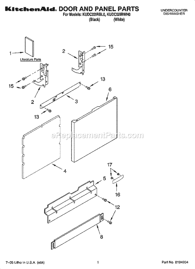 KitchenAid KUDC02IRBL0 Dishwasher Door and Panel Parts Diagram