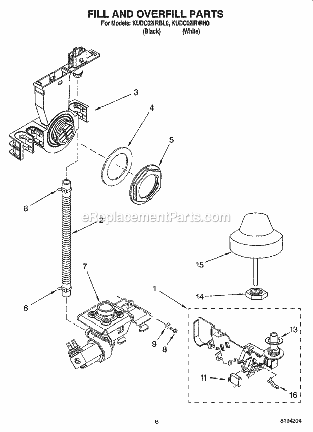 KitchenAid KUDC02IRBL0 Dishwasher Fill and Overfill Parts Diagram