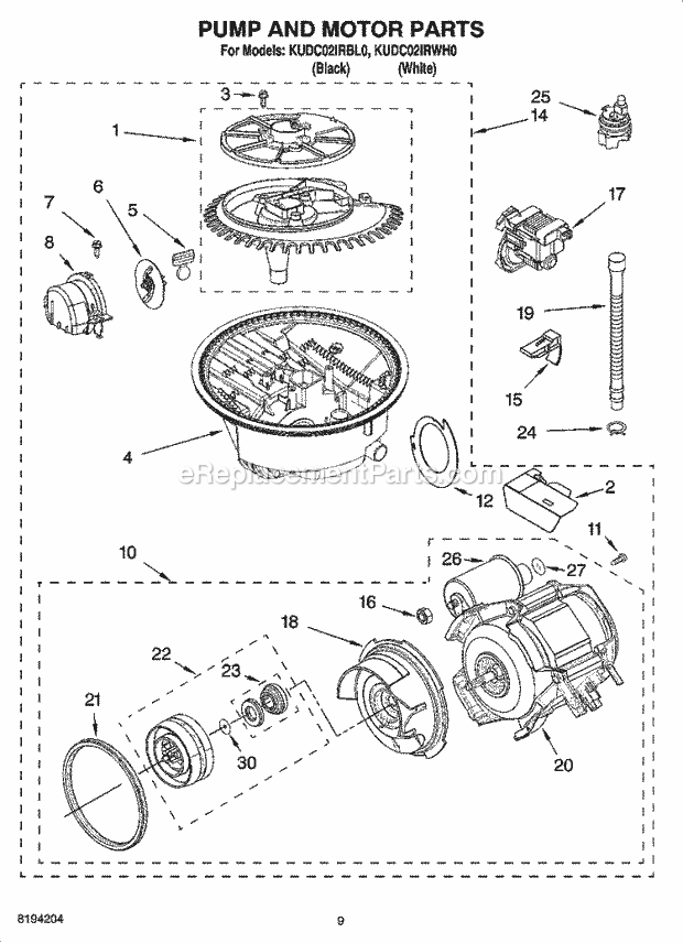 KitchenAid KUDC02IRBL0 Dishwasher Pump and Motor Parts Diagram