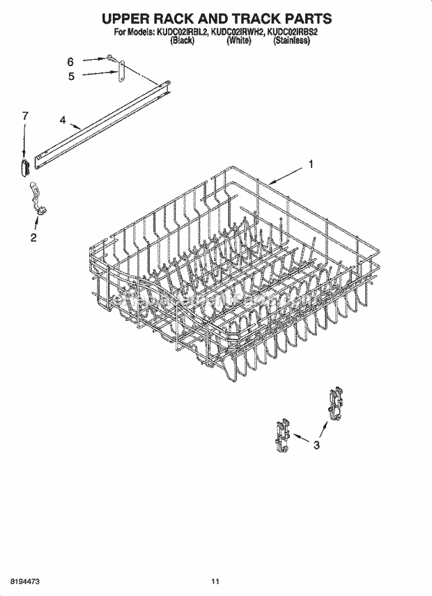 KitchenAid KUDC02IRBL2 Dishwasher Upper Rack and Track Parts Diagram