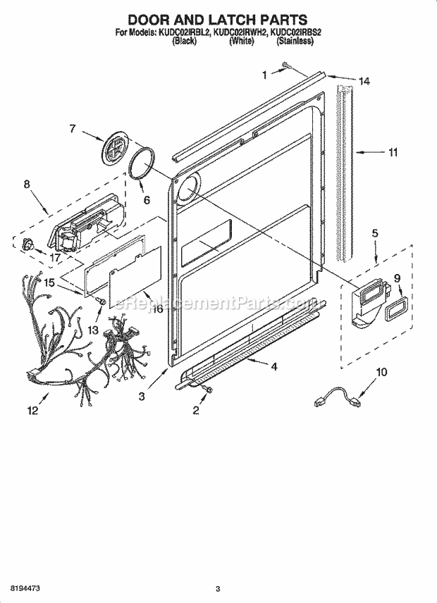 KitchenAid KUDC02IRBL2 Dishwasher Door and Latch Parts Diagram