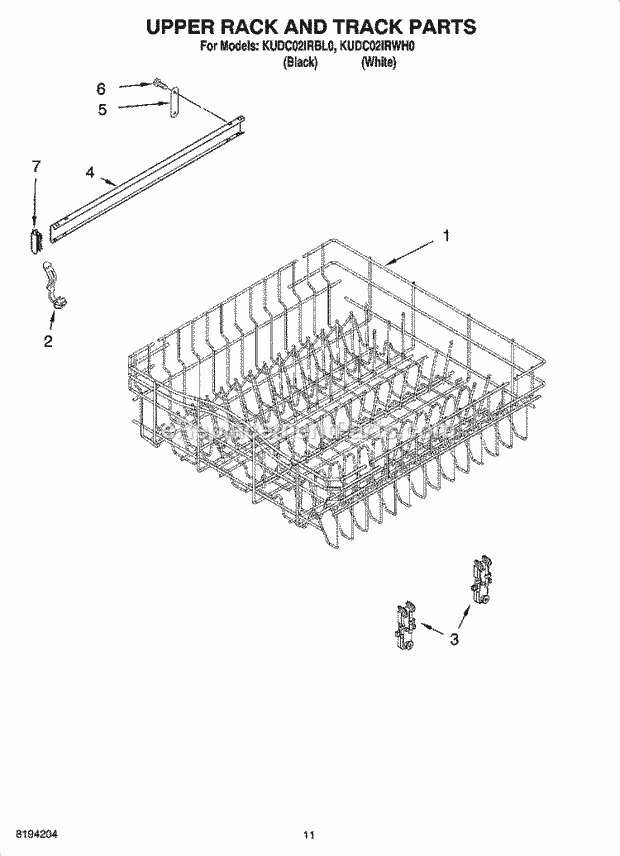 KitchenAid KUDC02IRWH0 Dishwasher Upper Rack and Track Parts Diagram