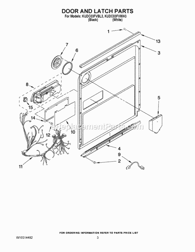 KitchenAid KUDC03FVBL3 Dishwasher Door and Latch Parts Diagram