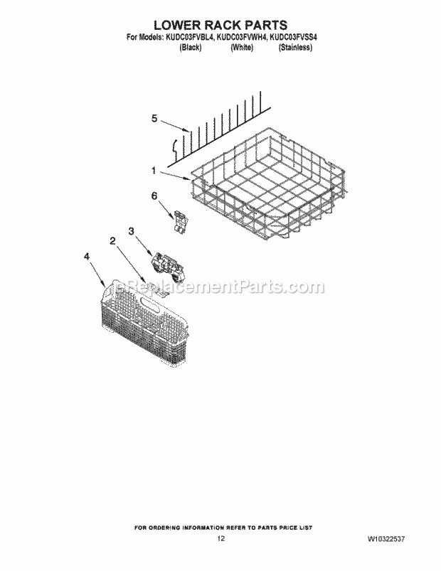 KitchenAid KUDC03FVBL4 Dishwasher Lower Rack Parts Diagram