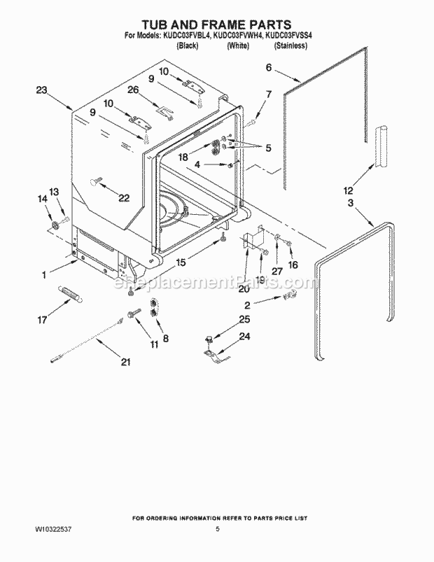 KitchenAid KUDC03FVSS4 Dishwasher Tub and Frame Parts Diagram