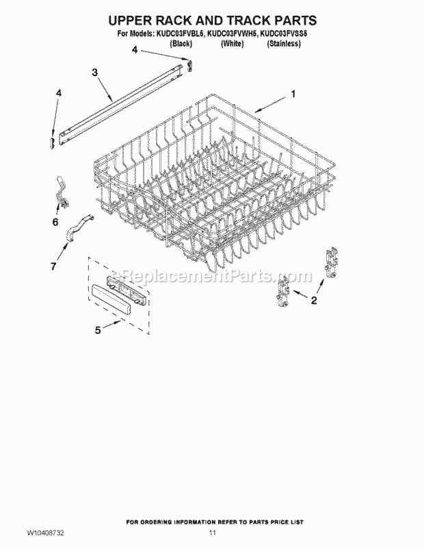 KitchenAid KUDC03FVSS5 Dishwasher Upper Rack and Track Parts Diagram