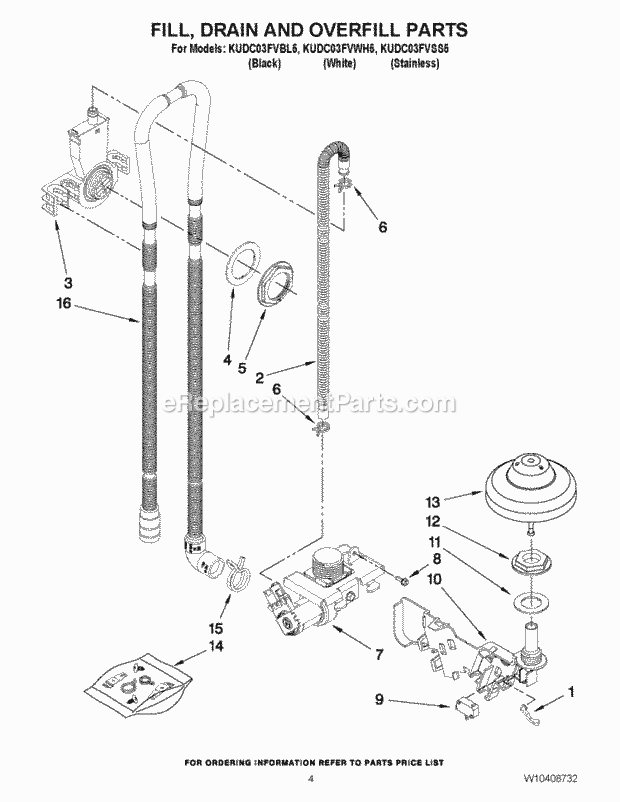 KitchenAid KUDC03FVWH5 Dishwasher Fill, Drain and Overfill Parts Diagram