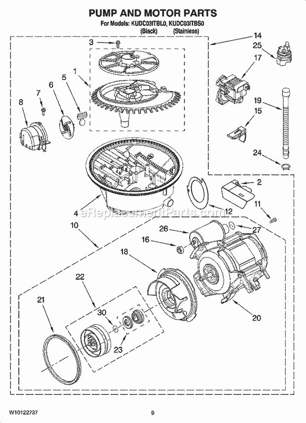 KitchenAid KUDC03ITBS0 Dishwasher Pump and Motor Parts Diagram