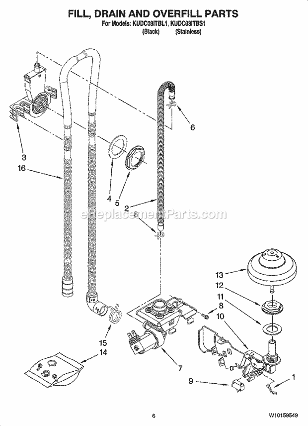 KitchenAid KUDC03ITBS1 Dishwasher Fill, Drain and Overfill Parts Diagram