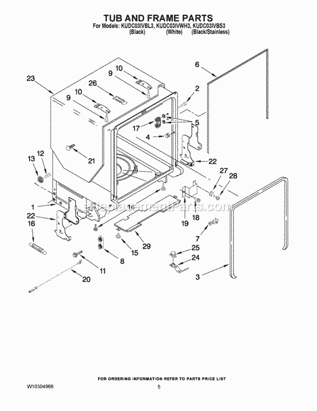 KitchenAid KUDC03IVBL3 Dishwasher Tub and Frame Parts Diagram