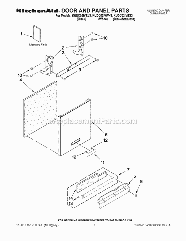 KitchenAid KUDC03IVBL3 Dishwasher Door and Panel Parts Diagram