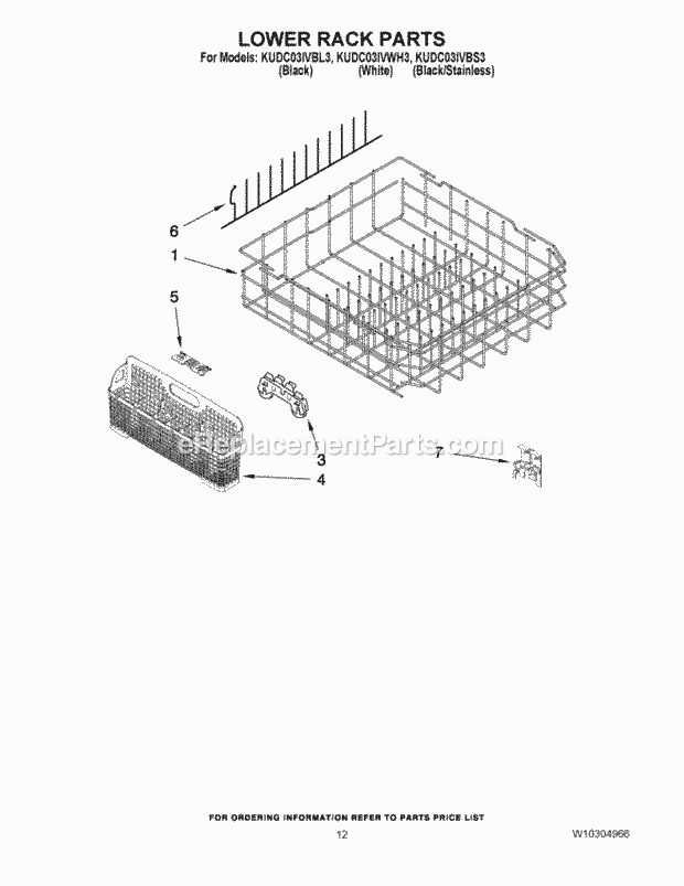 KitchenAid KUDC03IVBL3 Dishwasher Lower Rack Parts Diagram