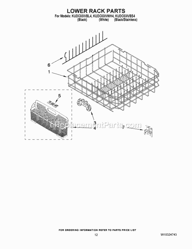 KitchenAid KUDC03IVBL4 Dishwasher Lower Rack Parts Diagram