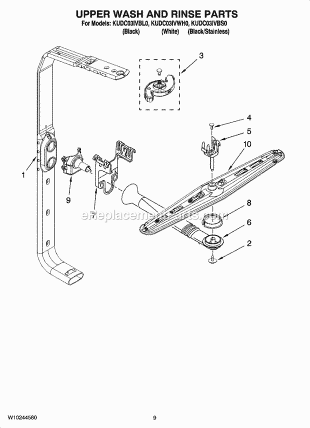 KitchenAid KUDC03IVBS0 Dishwasher Upper Wash and Rinse Parts Diagram