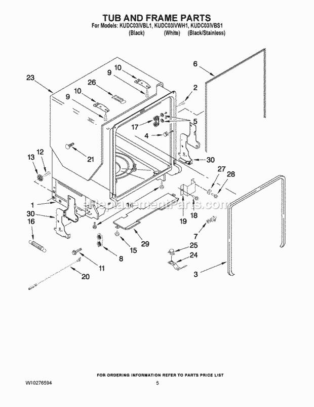 KitchenAid KUDC03IVBS1 Dishwasher Tub and Frame Parts Diagram