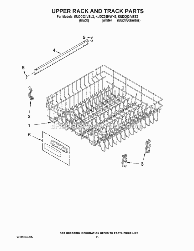 KitchenAid KUDC03IVWH3 Dishwasher Upper Rack and Track Parts Diagram