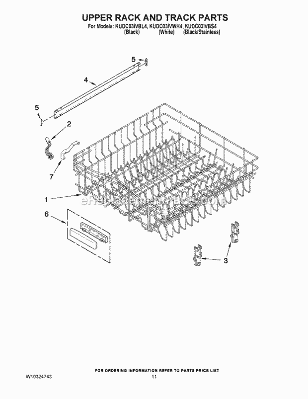 KitchenAid KUDC03IVWH4 Dishwasher Upper Rack and Track Parts Diagram