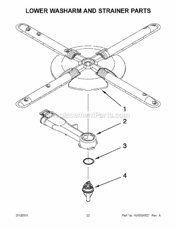 KitchenAid KUDC10FBSS0 Dishwasher Lower Washarm and Strainer Parts Diagram